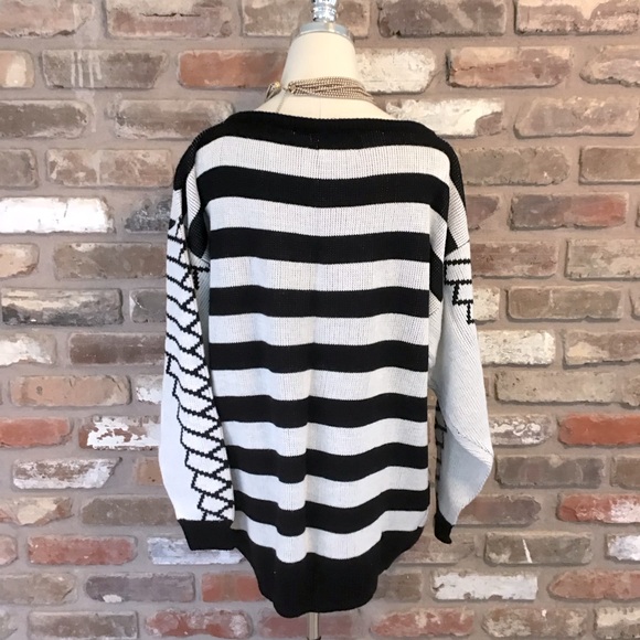 KNIT WORKS Vintage 1980’s King Tut Egyptian New Wave Print Black White Sweater L - Picture 4 of 6